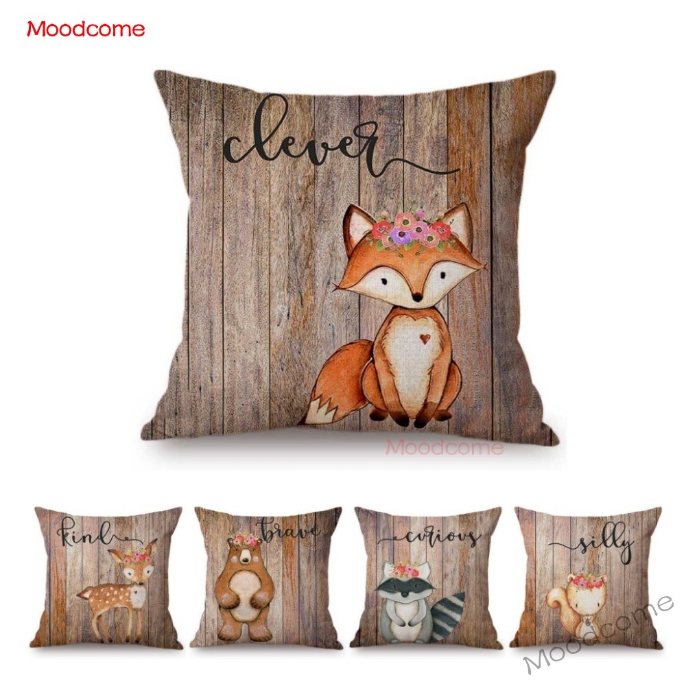 Baby Nursery Cushion - Cute Woodland Animals Wood Texture Baby