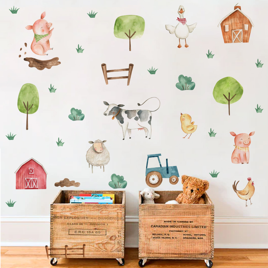 Baby Nursery Decals - Boho Watercolor Cute Farm Animals Pig