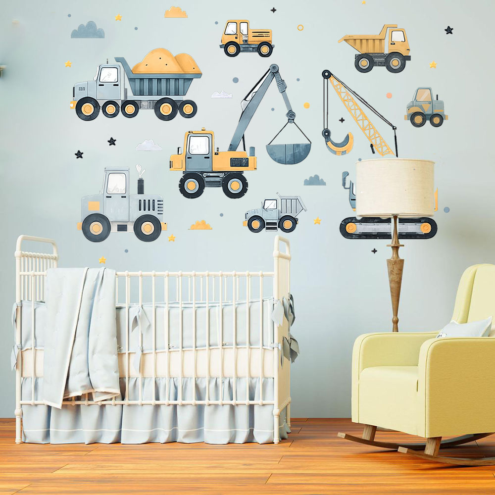 Baby Nursery Decals - Cartoon Excavator Vehicles Set Car Wall