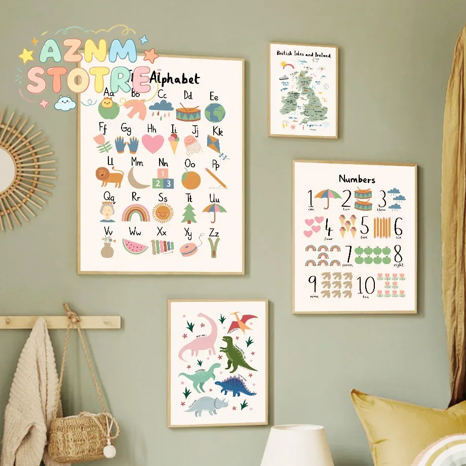 Baby Nursery Wall Decor - Animal World Map Dinosaur Alphabet Number