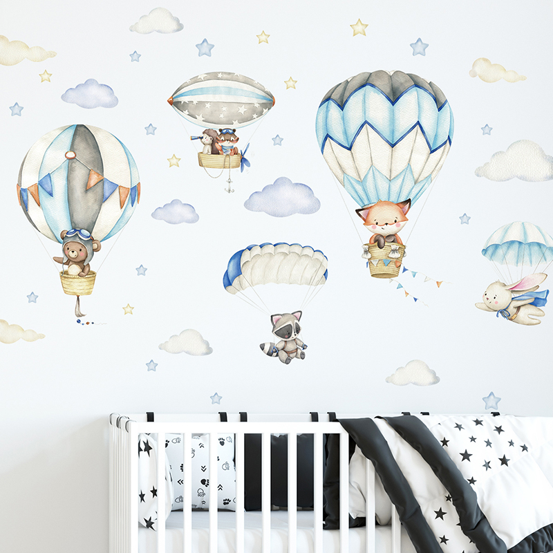 Cartoon Cute Animals Hot Air B - Baby Nursery Wallpaper recension och pris