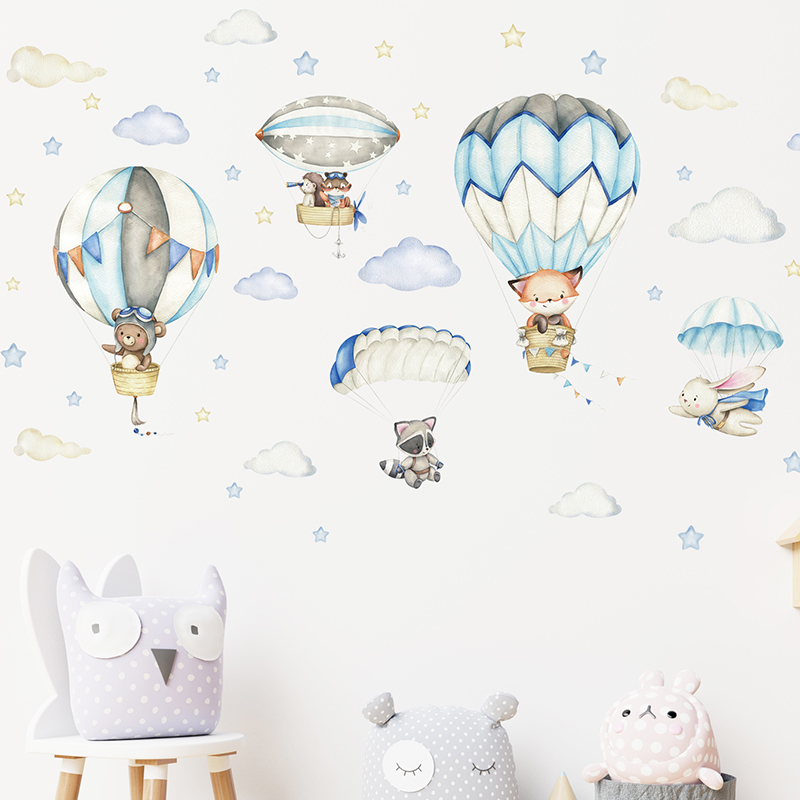 Cartoon Cute Animals Hot Air B - Baby Nursery Wallpaper recension och pris
